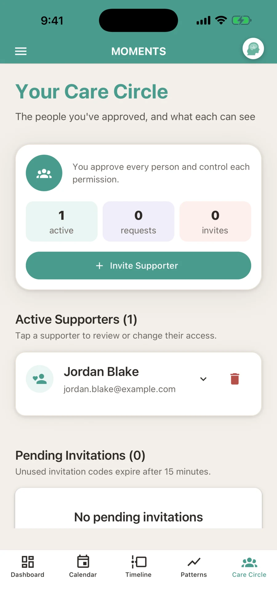 Care Circle overview showing one approved supporter