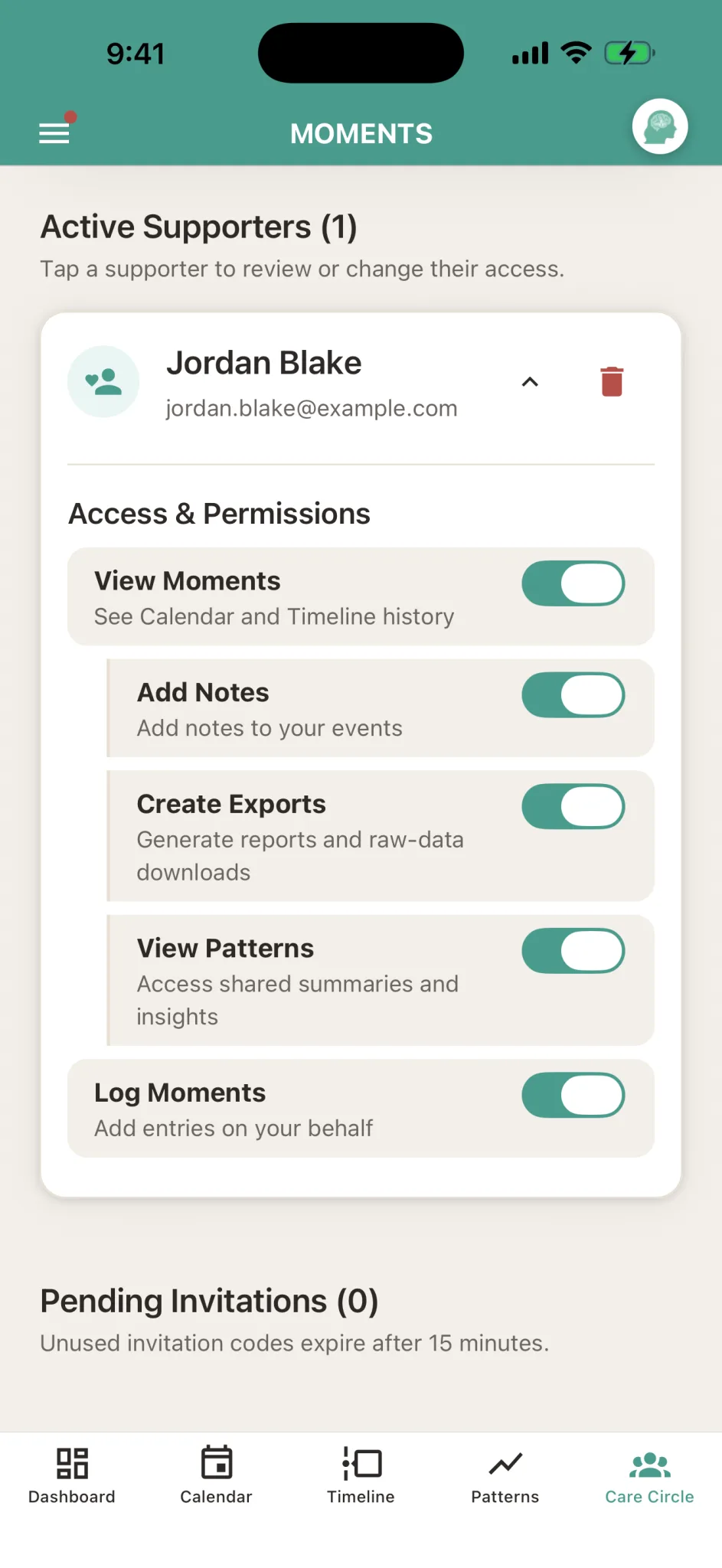 Care Circle iPhone screen showing an approved supporter and individual permission toggles