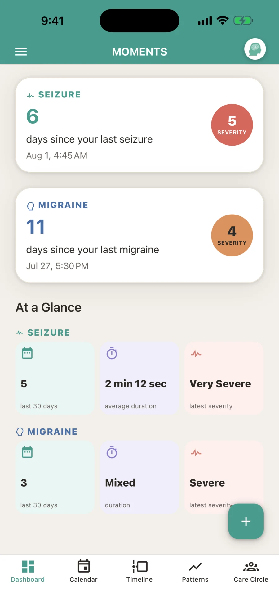 MOMENTS dashboard showing separate seizure and migraine summaries