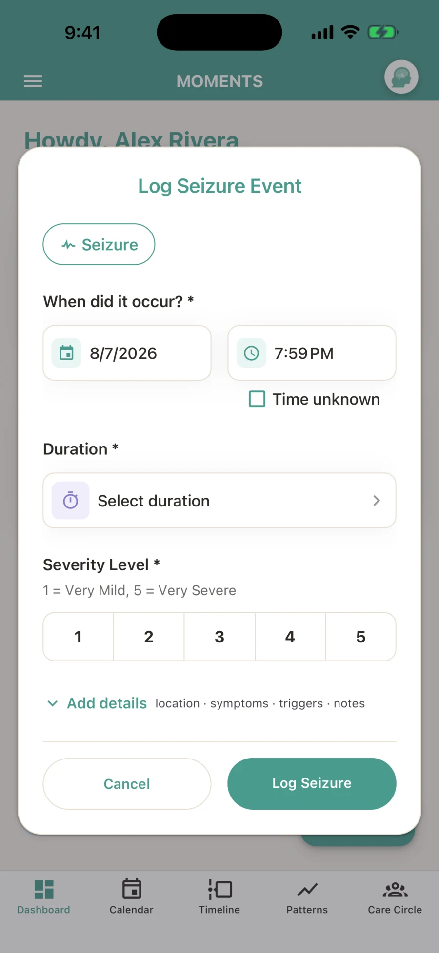 Log a seizure form with date, time, duration, and severity fields