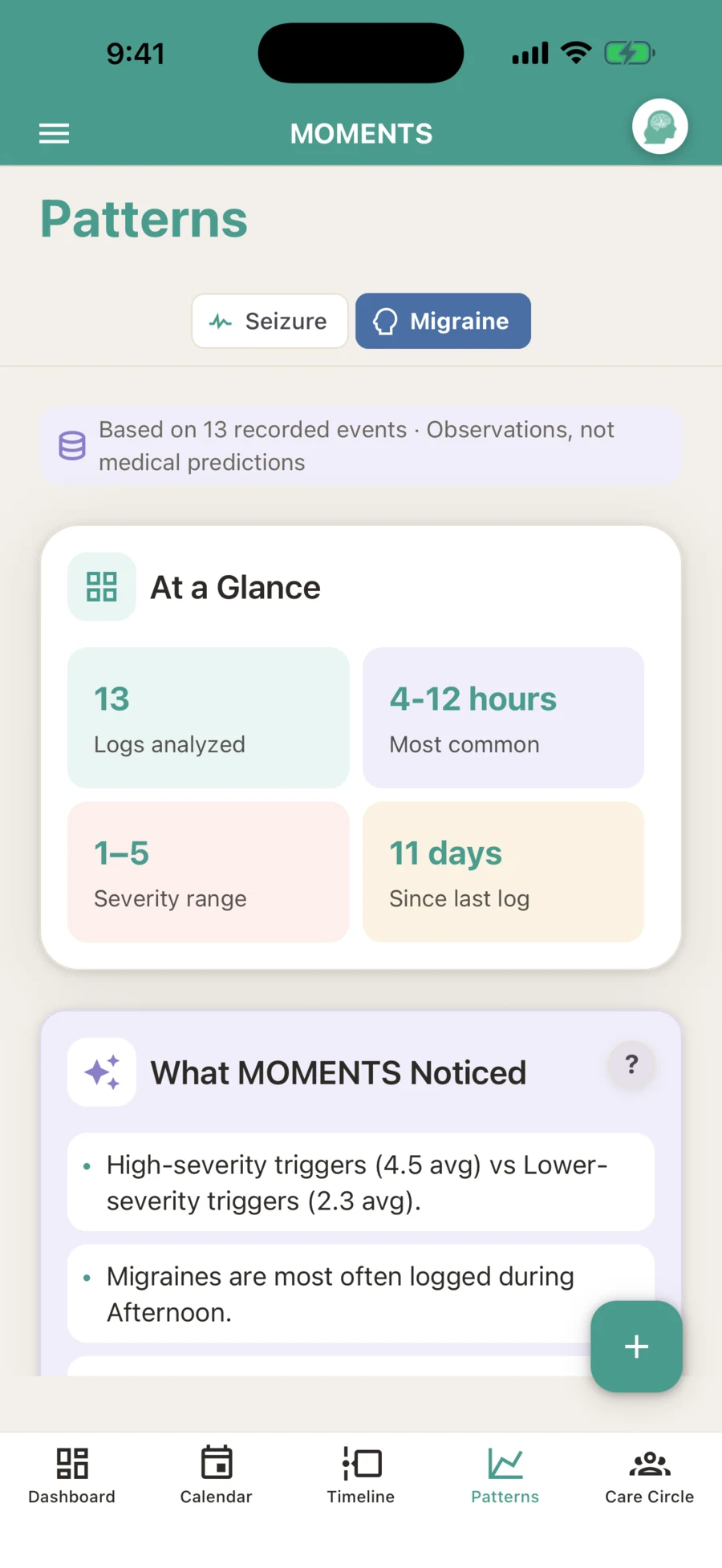 Patterns screen with observations from recorded migraine events