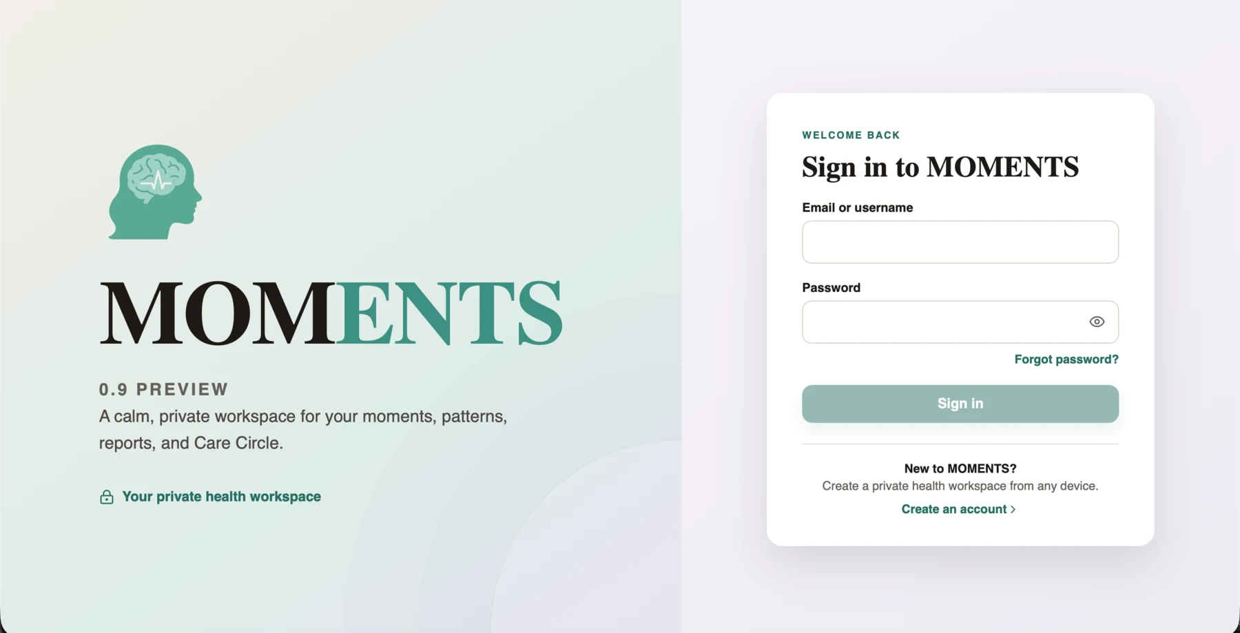The MOMENTS web portal sign-in screen on desktop
